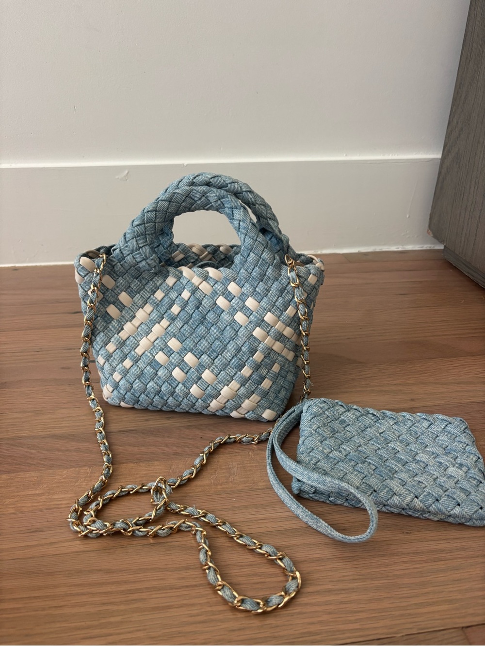 Woven Light Blue & Cream Mini Tote with Chain Strap
